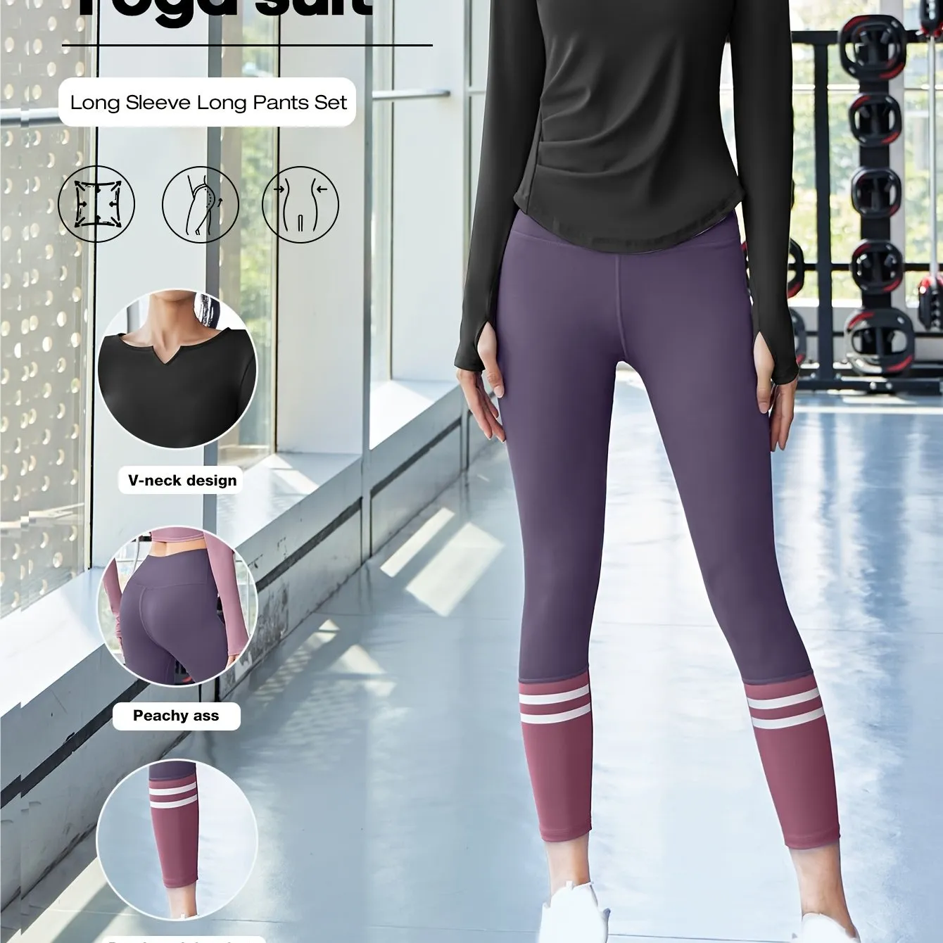 2pcs Women'S Yoga Set, V-Neck Long Sleeve Top & High-Waisted Leggings