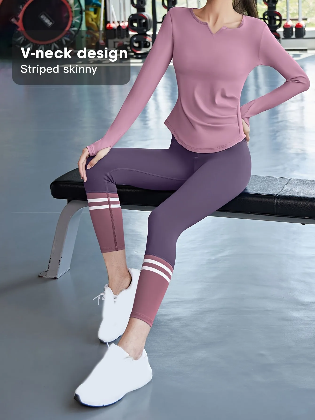 2pcs Women'S Yoga Set, V-Neck Long Sleeve Top & High-Waisted Leggings
