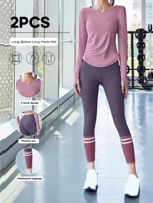 2pcs Women'S Yoga Set, V-Neck Long Sleeve Top & High-Waisted Leggings