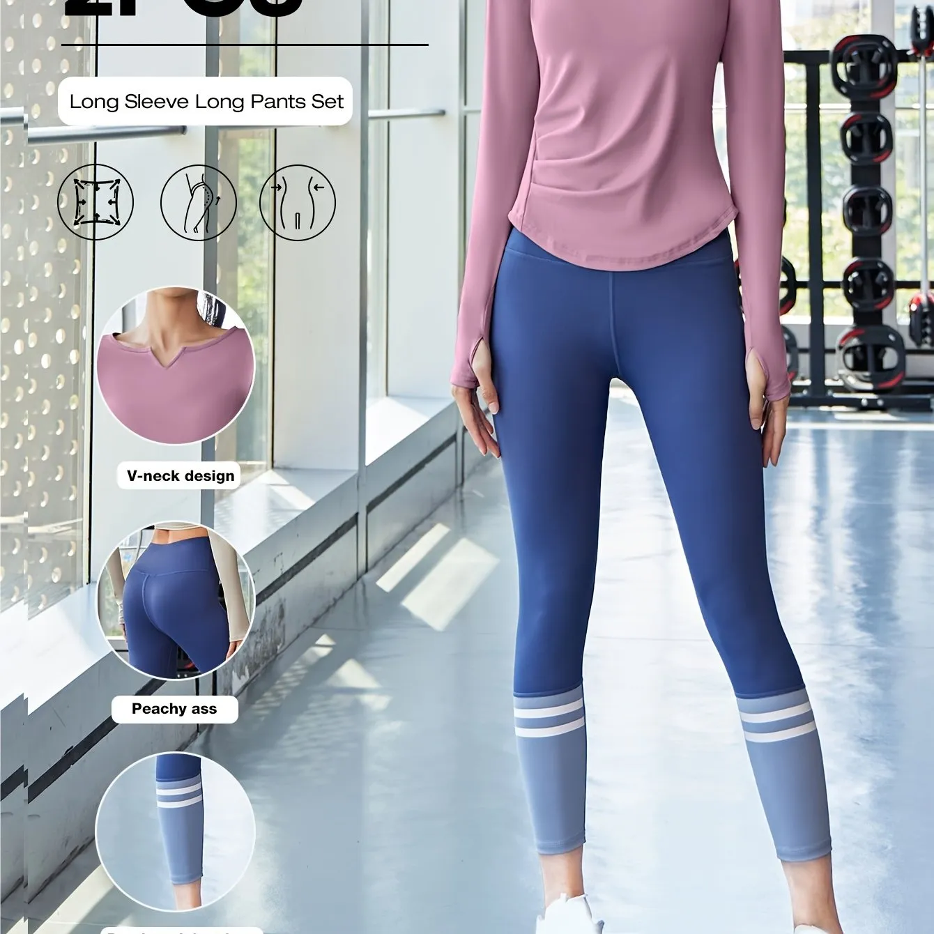 2pcs Women'S Yoga Set, V-Neck Long Sleeve Top & High-Waisted Leggings