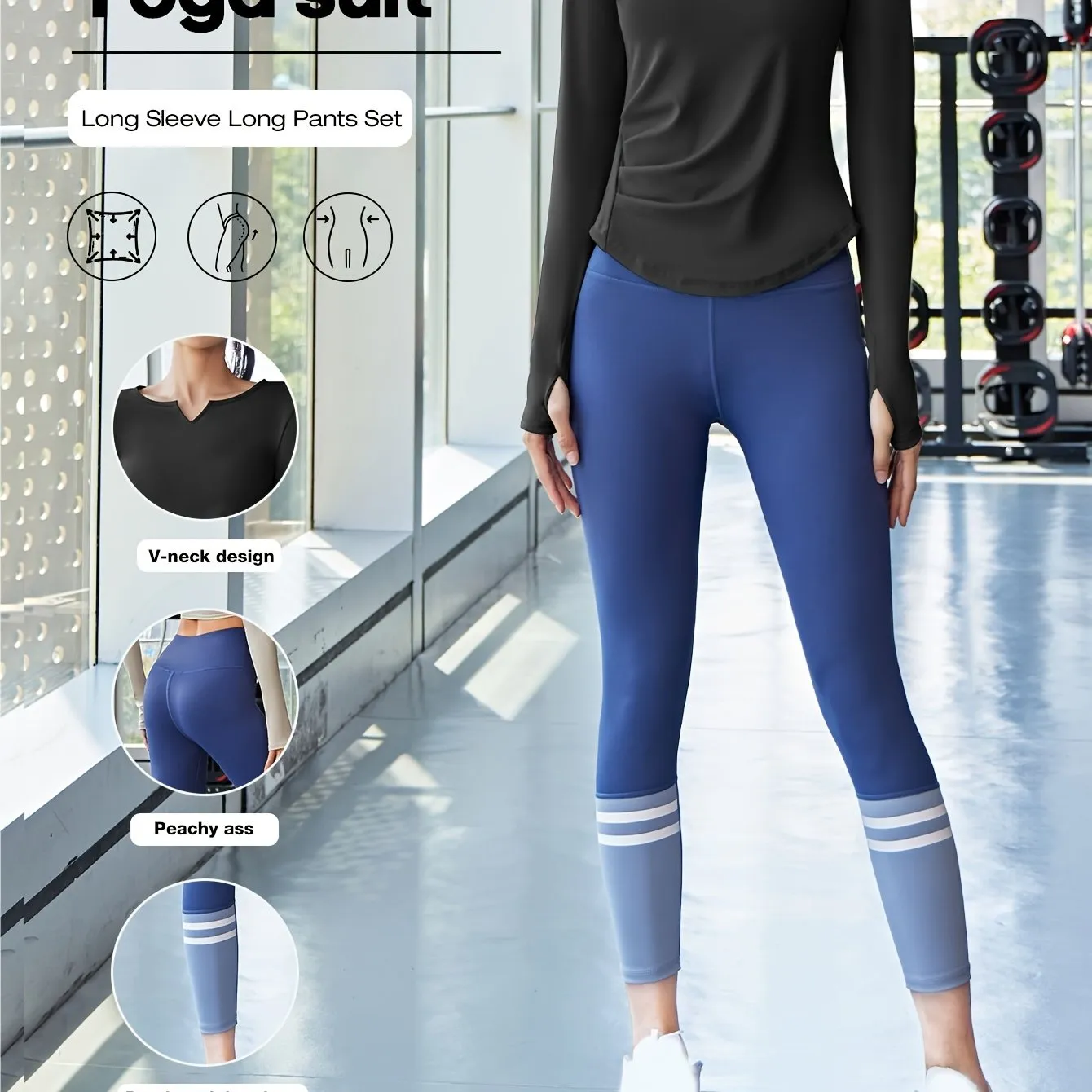 2pcs Women'S Yoga Set, V-Neck Long Sleeve Top & High-Waisted Leggings