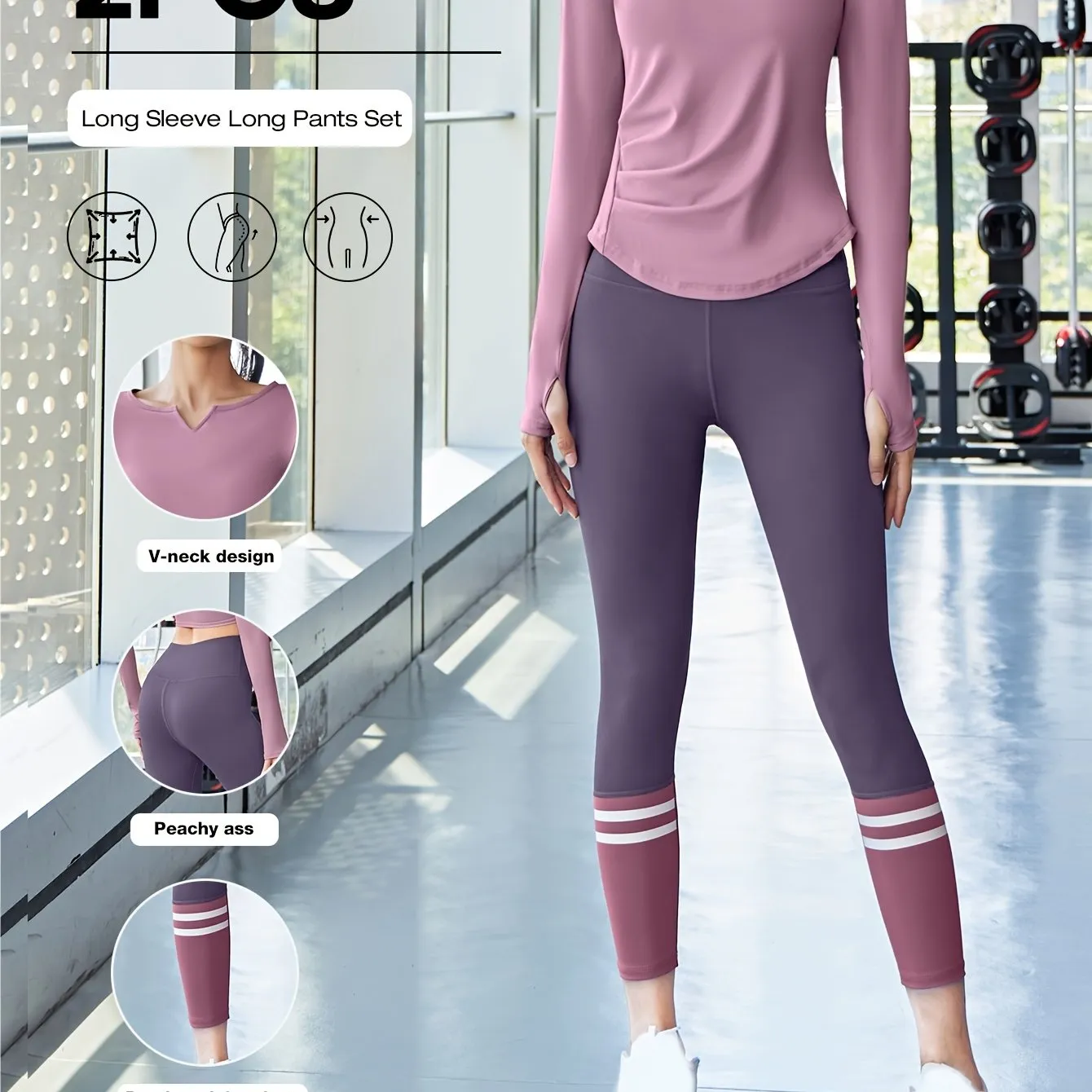 2pcs Women'S Yoga Set, V-Neck Long Sleeve Top & High-Waisted Leggings