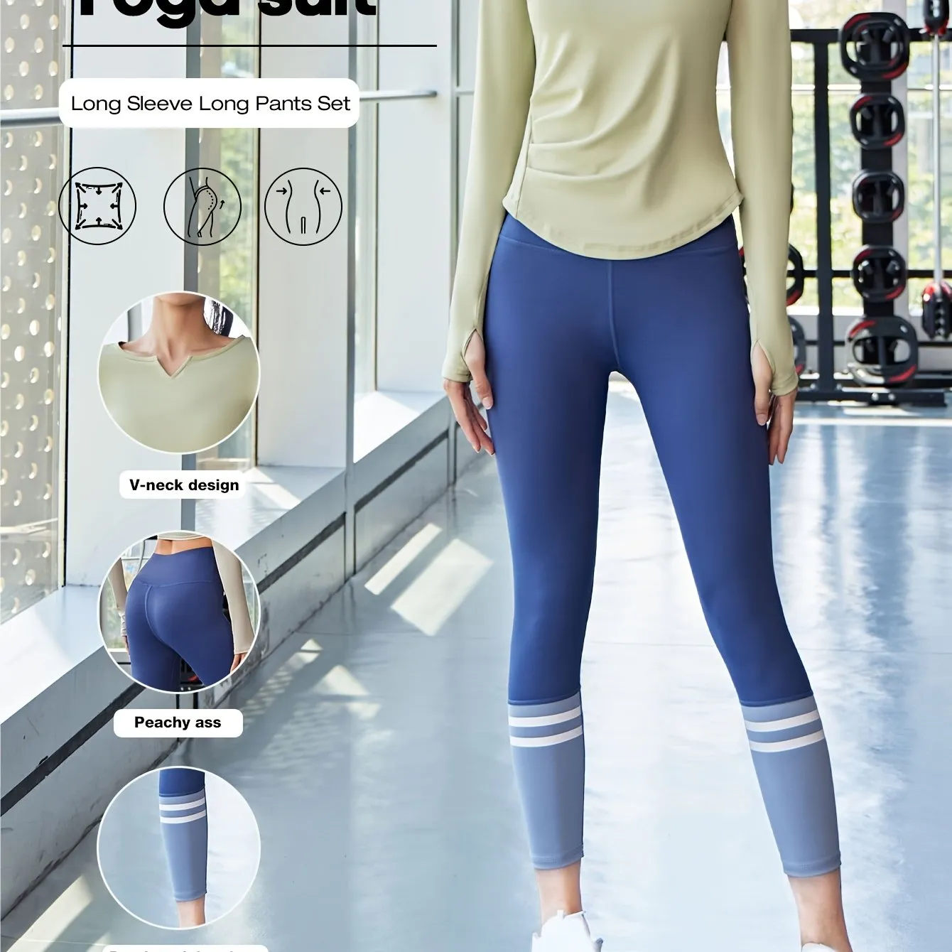 2pcs Women'S Yoga Set, V-Neck Long Sleeve Top & High-Waisted Leggings
