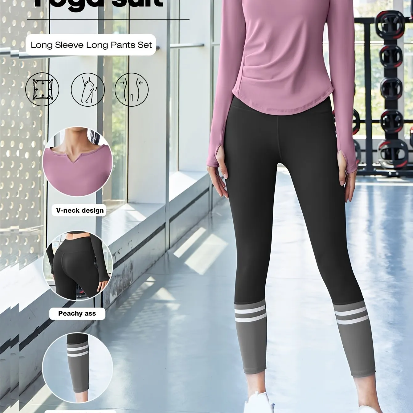 2pcs Women'S Yoga Set, V-Neck Long Sleeve Top & High-Waisted Leggings