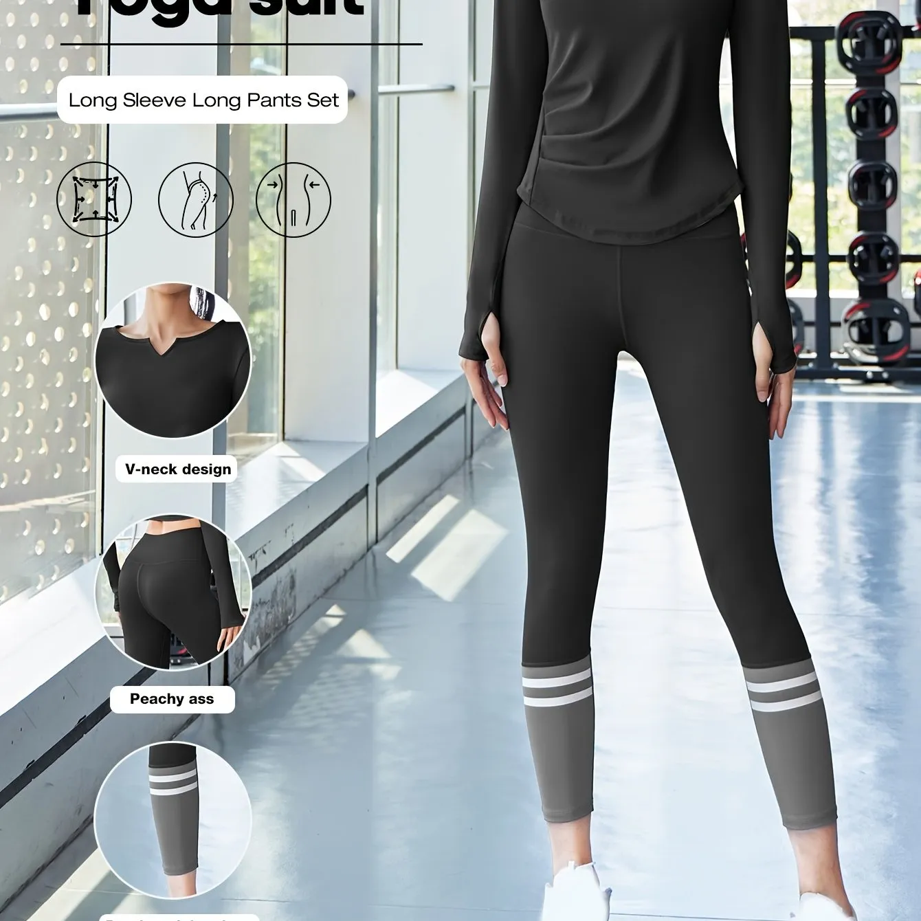 2pcs Women'S Yoga Set, V-Neck Long Sleeve Top & High-Waisted Leggings