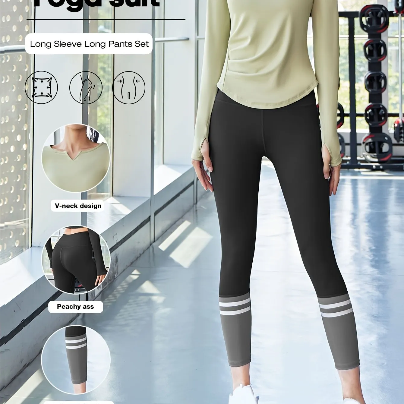 2pcs Women'S Yoga Set, V-Neck Long Sleeve Top & High-Waisted Leggings