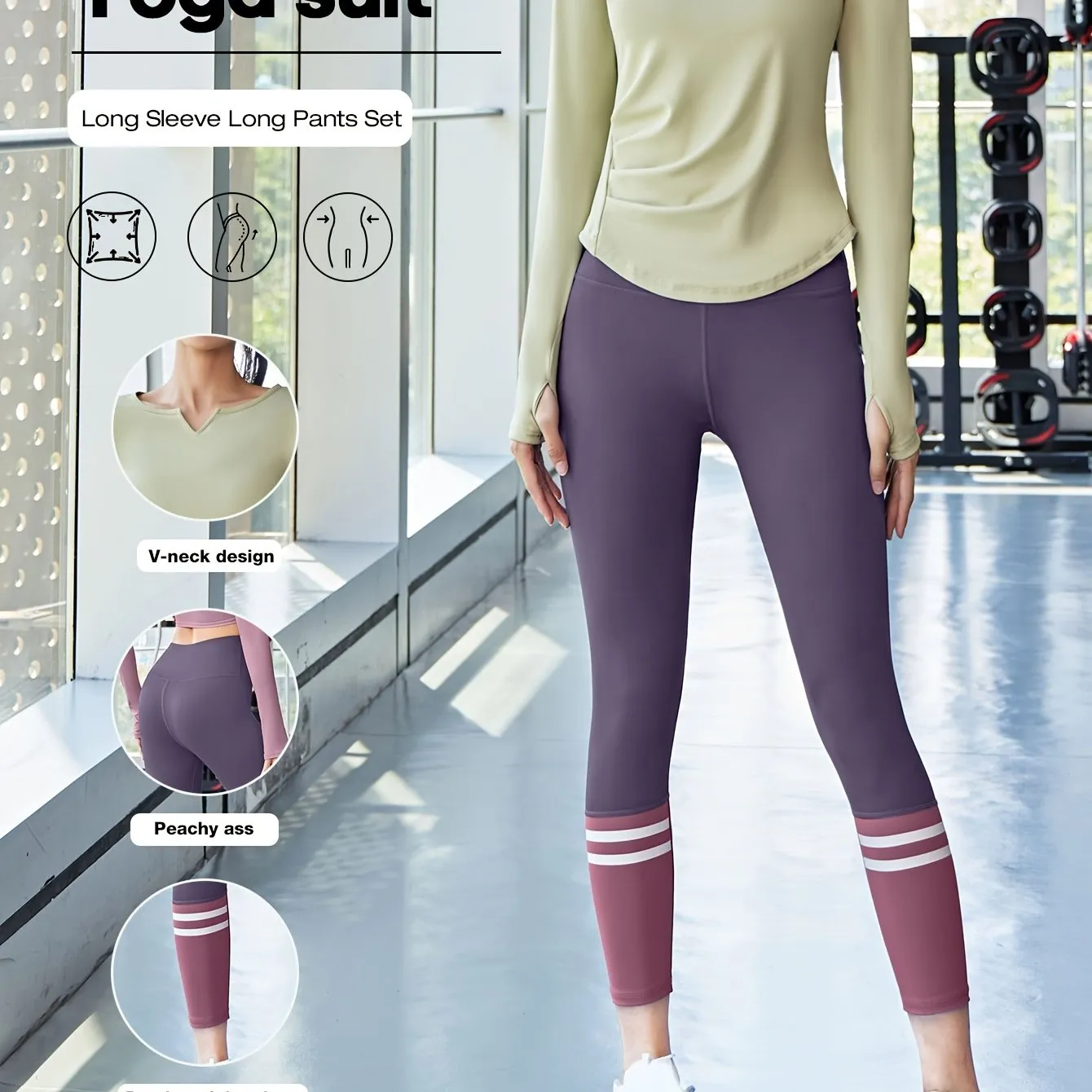 2pcs Women'S Yoga Set, V-Neck Long Sleeve Top & High-Waisted Leggings
