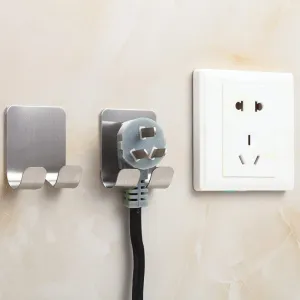 4 Pack Plug Holder Hook Razor Holder for Shower Sticking Wall Self Adhesive for Hanging Kitchen Bathroom Double Hook, Brushed Stainless Steel