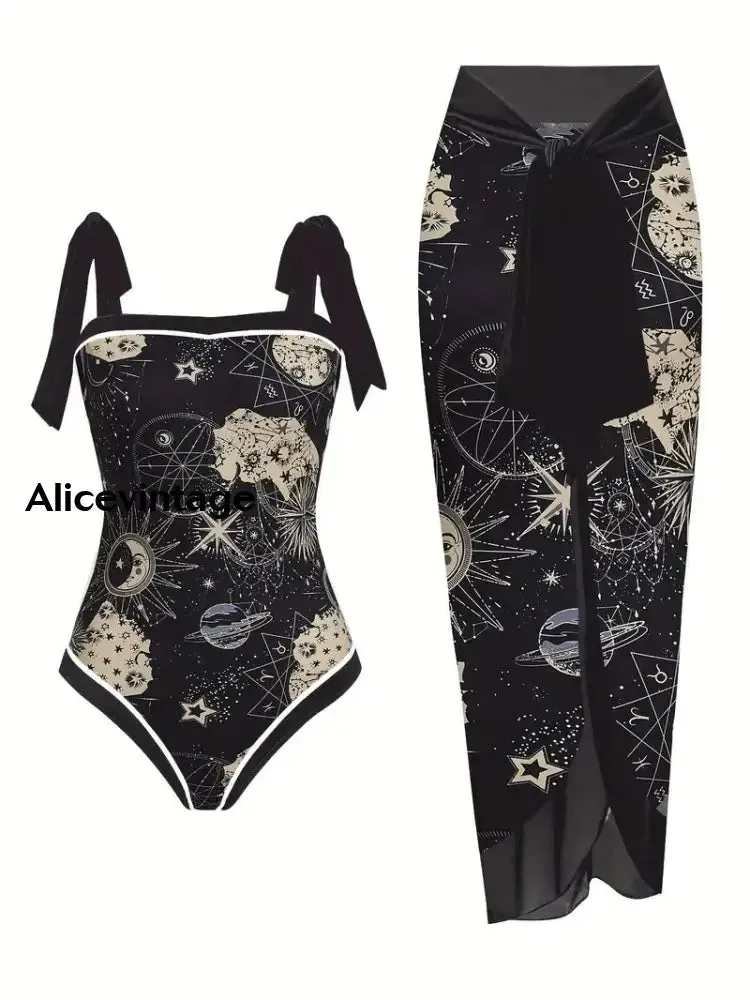Abstract Moon Art Print Halter Two Piece Swimsuits