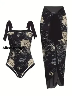 Abstract Moon Art Print Halter Two Piece Swimsuits