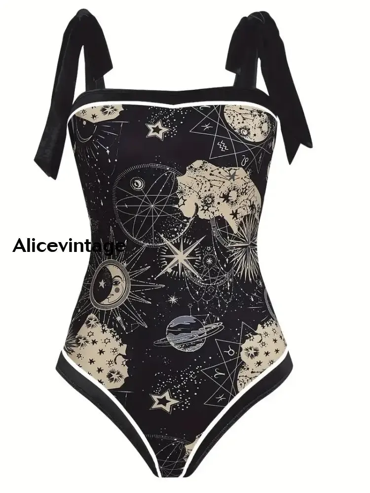 Abstract Moon Art Print Halter Two Piece Swimsuits