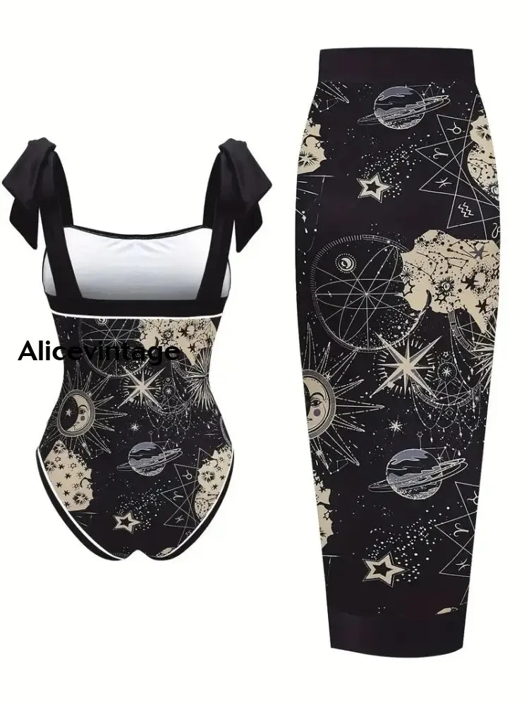 Abstract Moon Art Print Halter Two Piece Swimsuits
