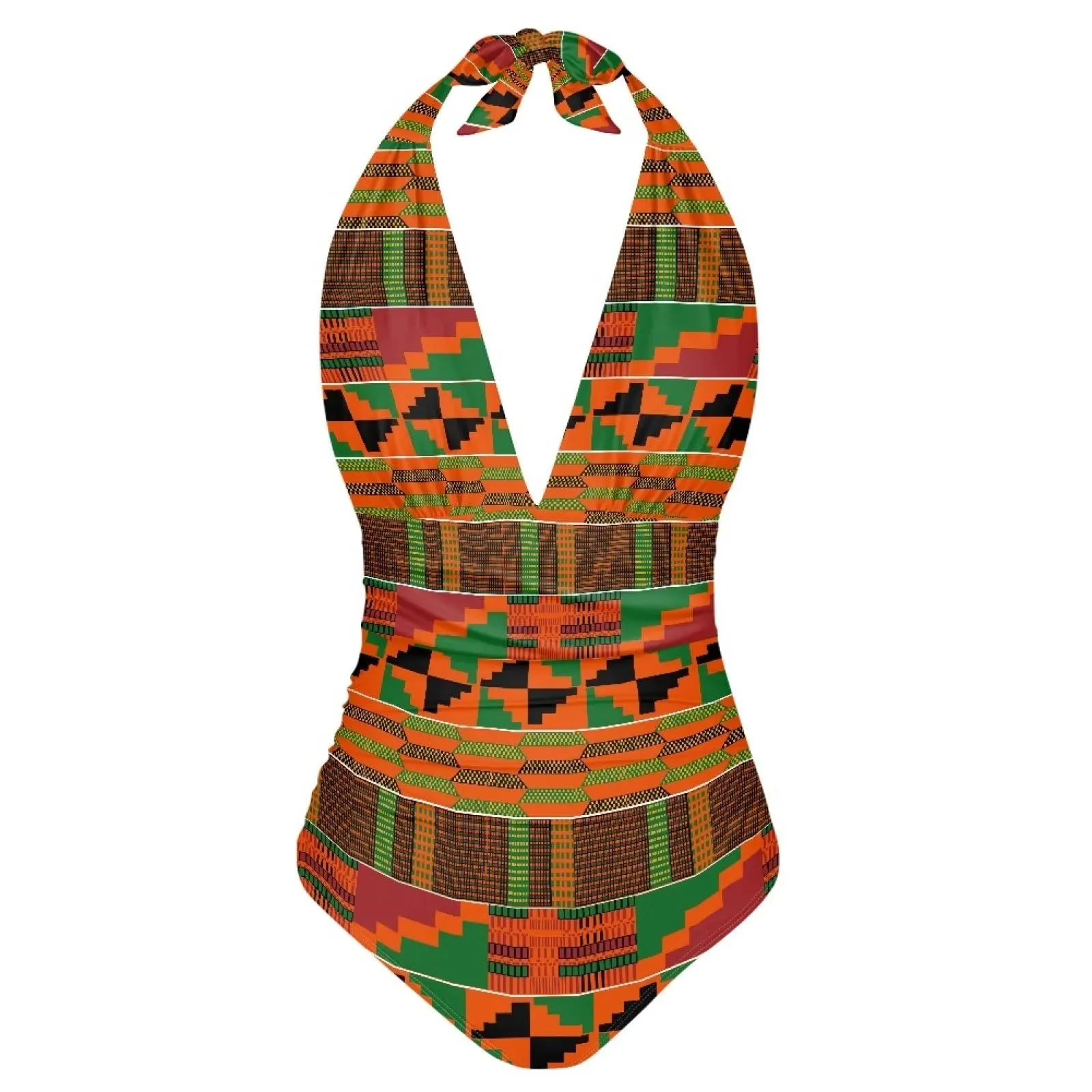 African Mud Cloth   Print One Piece Swimsuit Women Cheeky V Neck Backless Women Plus Size Swimwear Halter Bathing Suit for Women Tummy Control