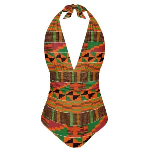 African Mud Cloth   Print One Piece Swimsuit Women Cheeky V Neck Backless Women Plus Size Swimwear Halter Bathing Suit for Women Tummy Control