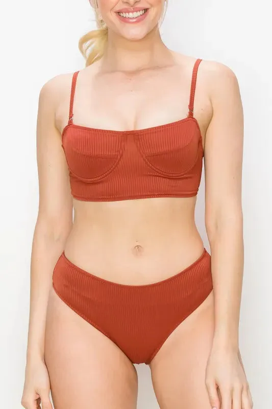 And The Why Ribbed Underwire Plunge Bikini Swimsuits