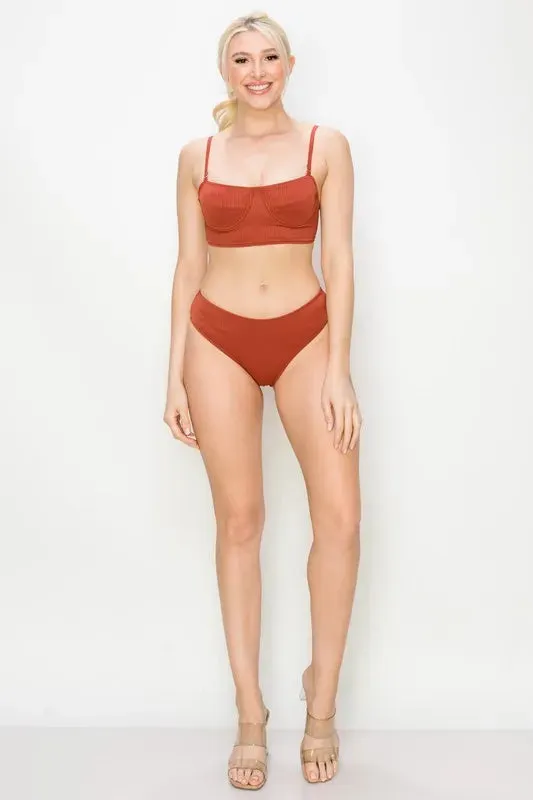 And The Why Ribbed Underwire Plunge Bikini Swimsuits
