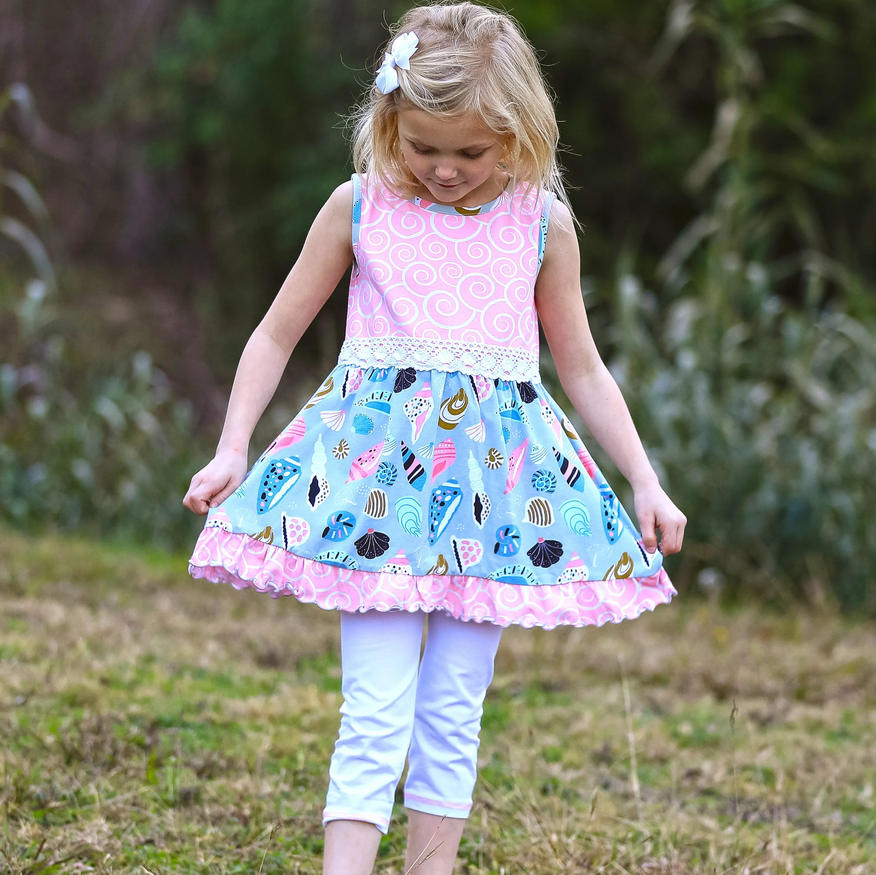 AnnLoren Girls Seashells & Swirls Dress & White Capri Leggings Boutique Set