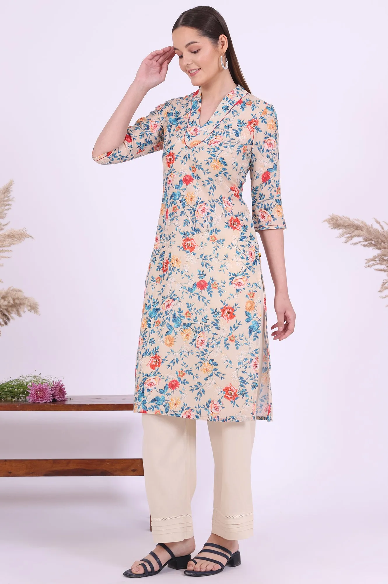 Beige Floral Printed Straight Kurta