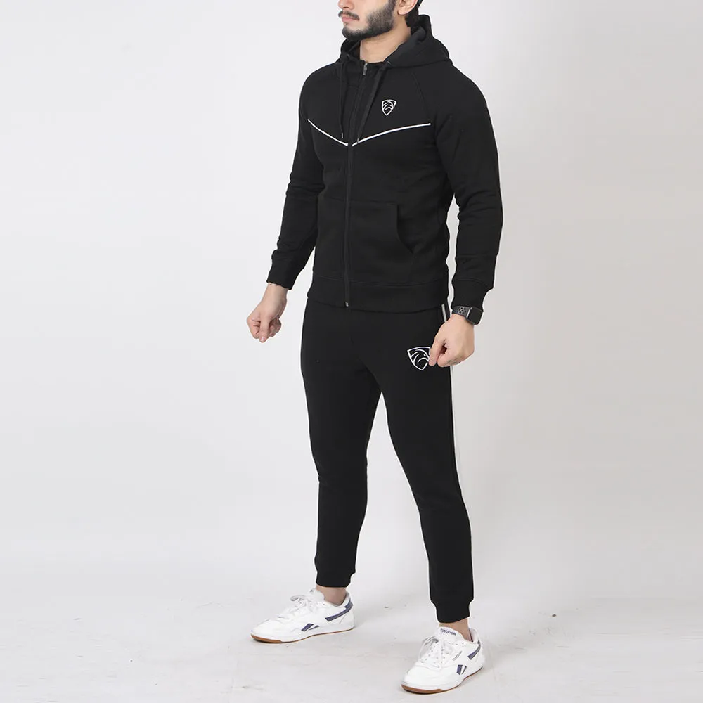 Black Fleece Tracksuit With V-Cut Piping