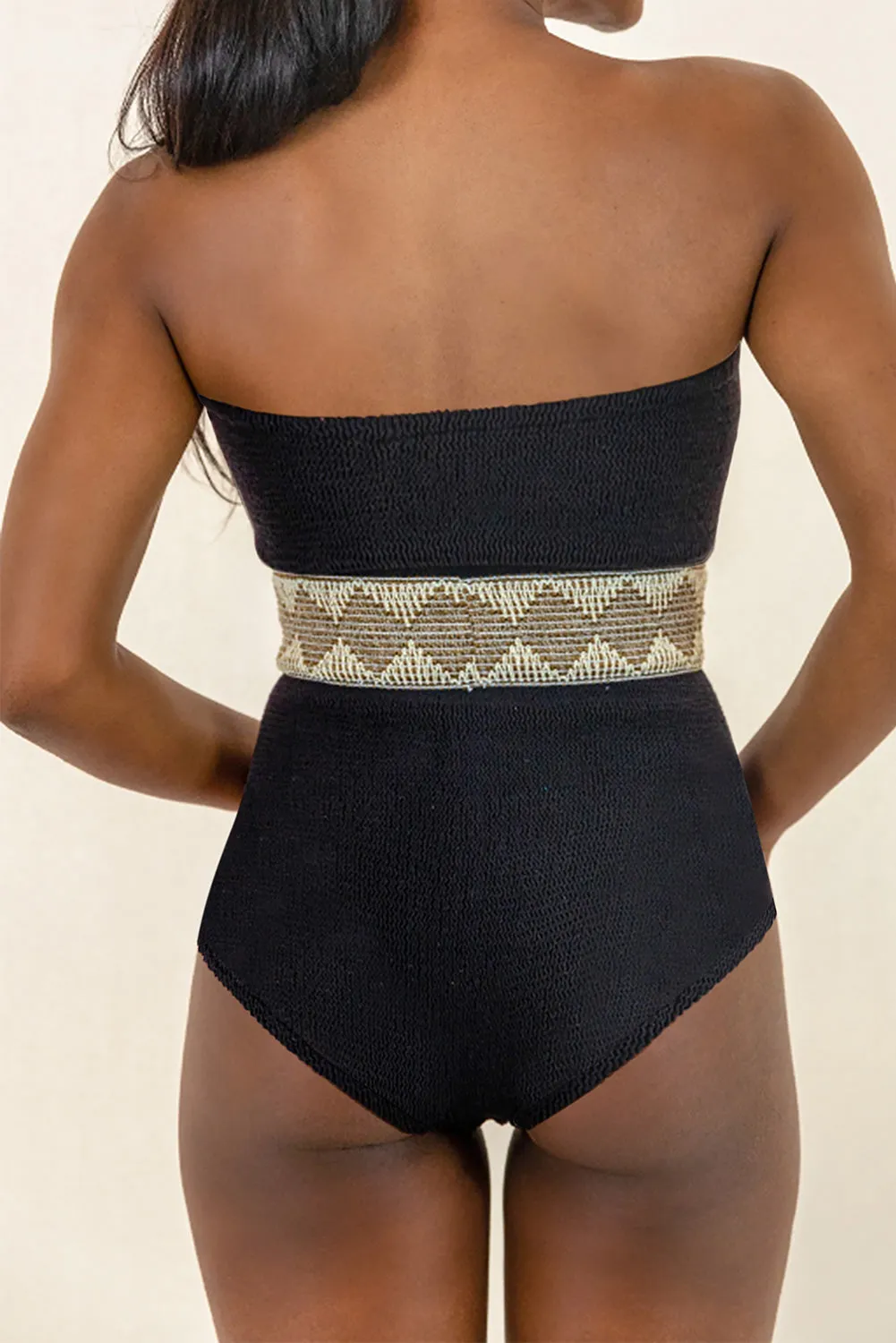 Black Geometric Trim High Waist Strapless One Piece Swimsuit