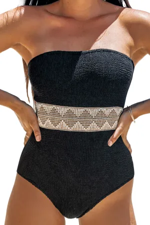 Black Geometric Trim High Waist Strapless One Piece Swimsuit