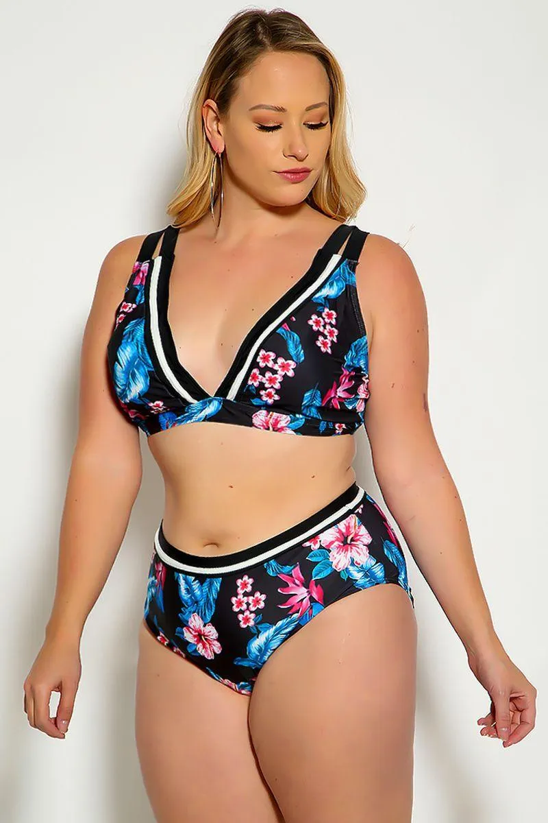 Blue Floral Printed Two Piece Plus Size Swimsuit