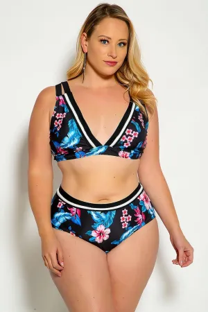 Blue Floral Printed Two Piece Plus Size Swimsuit
