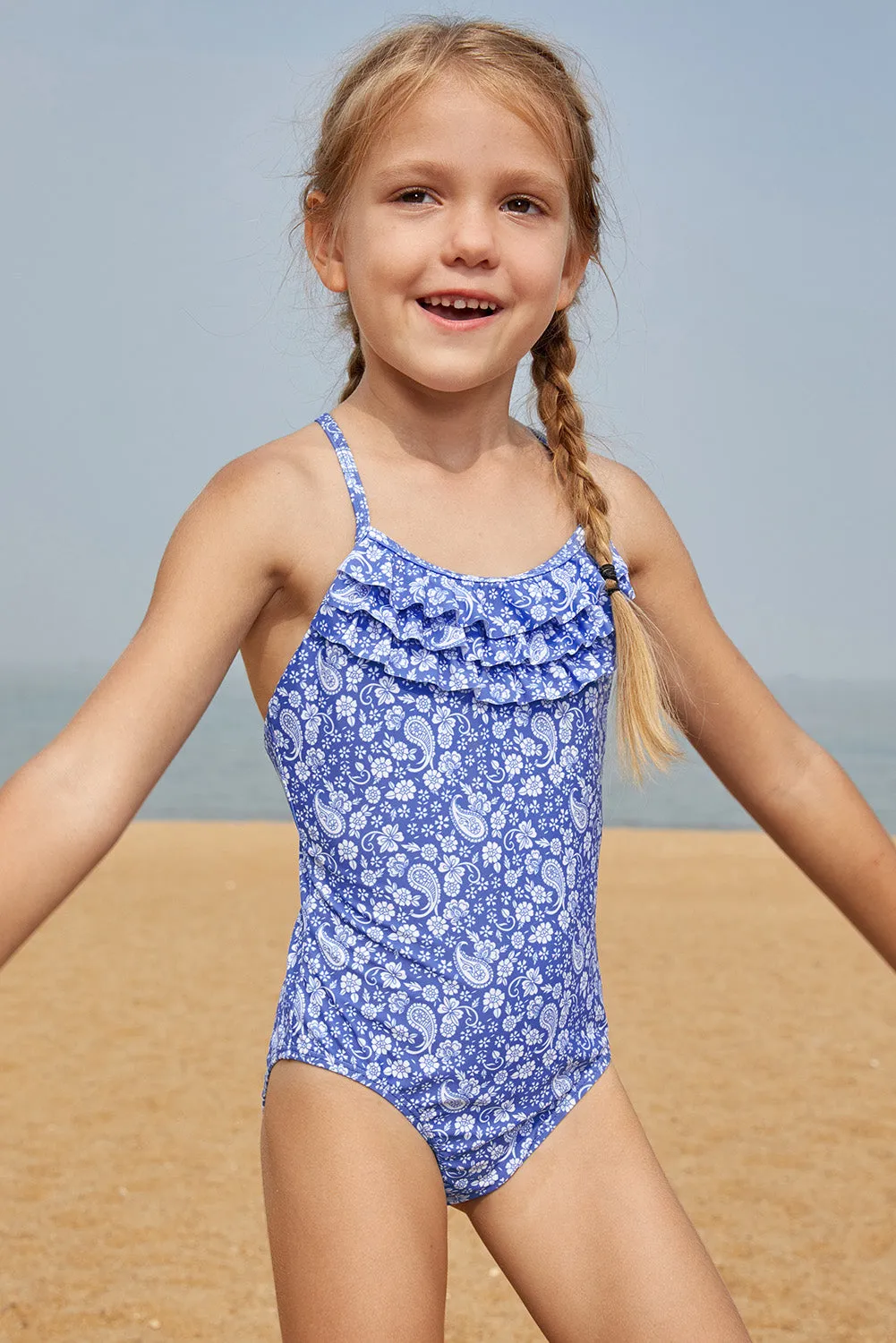 Blue White Paisley Print Little Girl Maillot with Ruffle