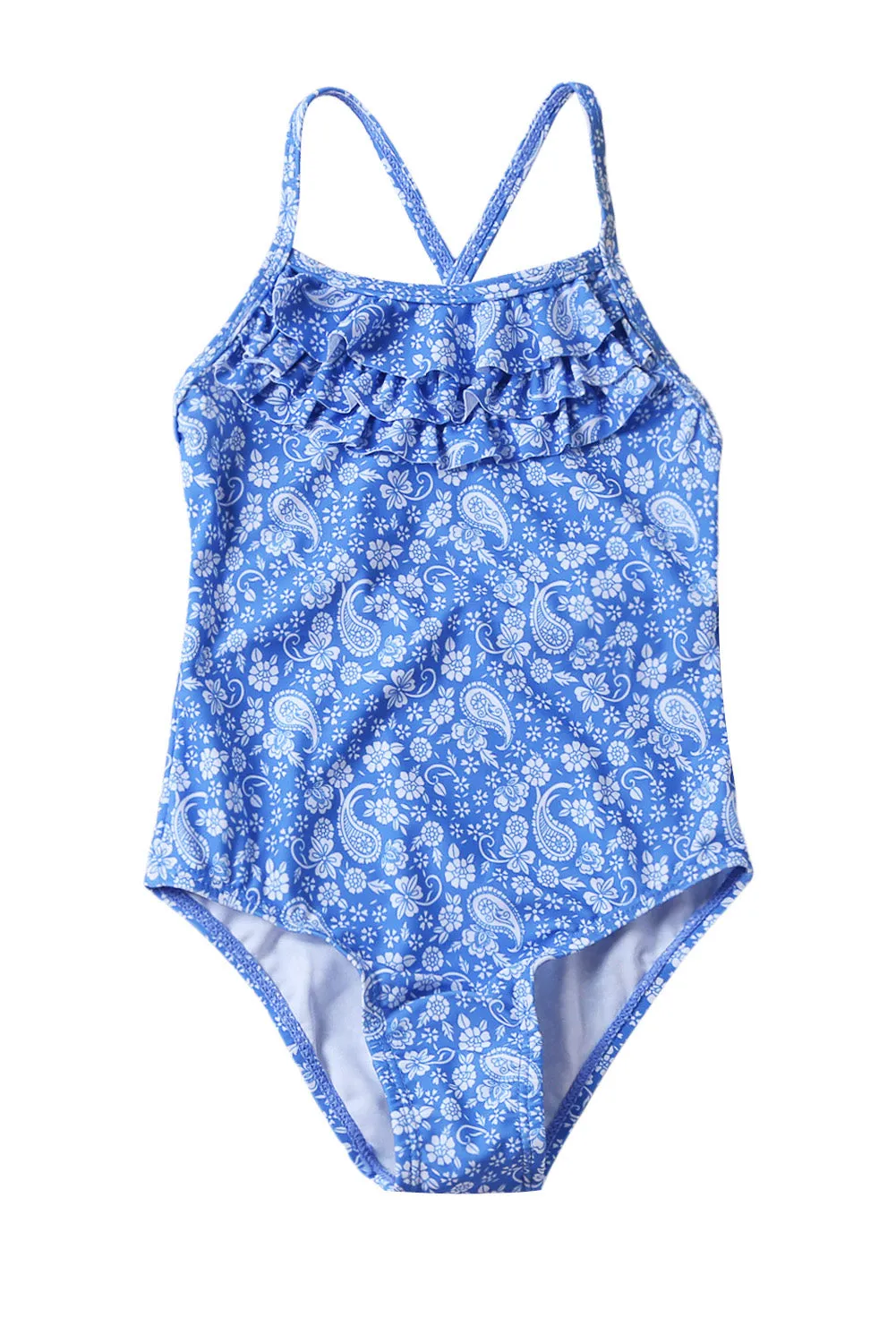 Blue White Paisley Print Little Girl Maillot with Ruffle