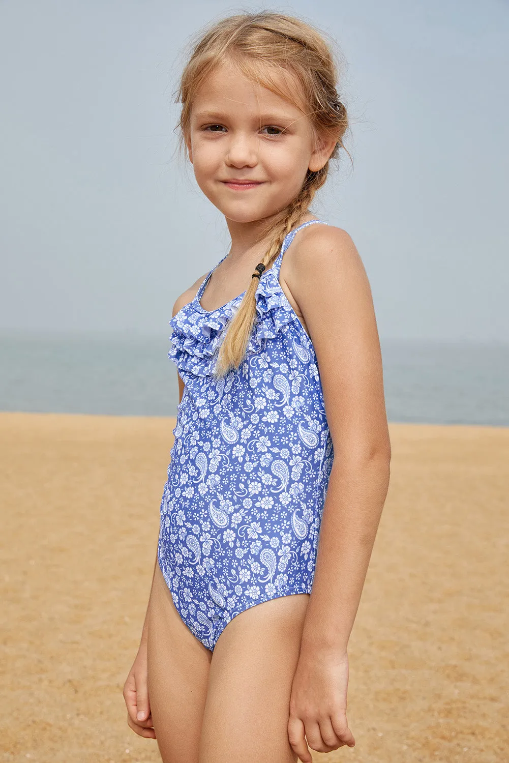 Blue White Paisley Print Little Girl Maillot with Ruffle