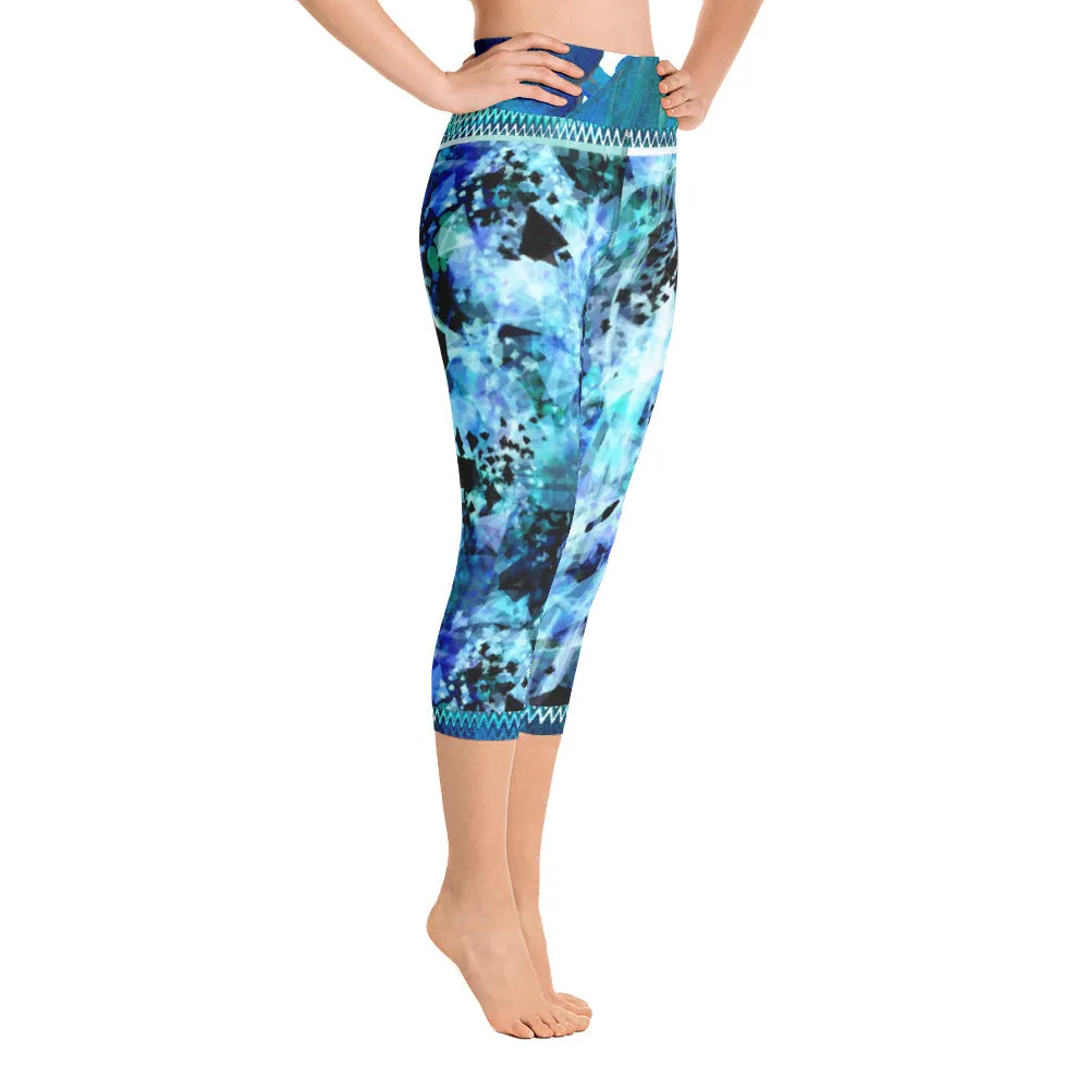 Blues and Black Watercolor Splash - Yoga Capri Leggings