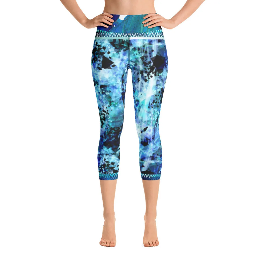 Blues and Black Watercolor Splash - Yoga Capri Leggings