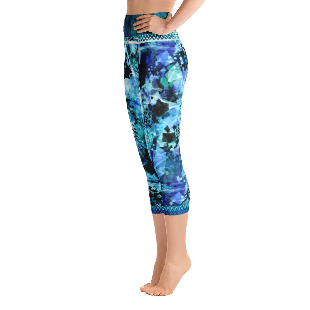 Blues and Black Watercolor Splash - Yoga Capri Leggings