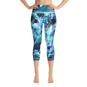 Blues and Black Watercolor Splash - Yoga Capri Leggings