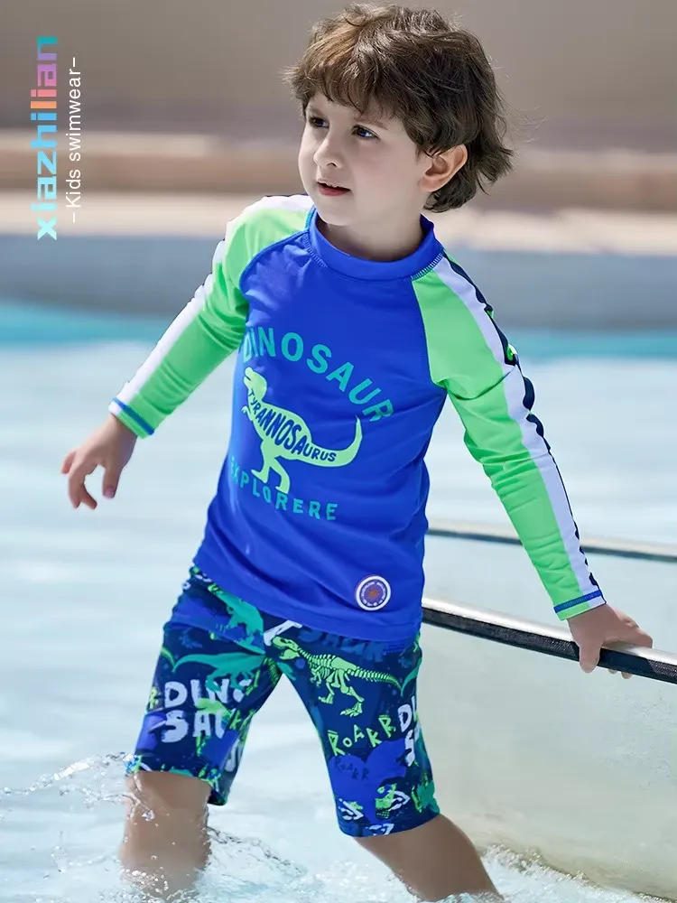Boy Long Sleeve Swimsuit Two Pieces Suit 1-13 Year Swimwear UPF50  Children 2024 Kid Cool Cartoon Beachwear Bathing Suit