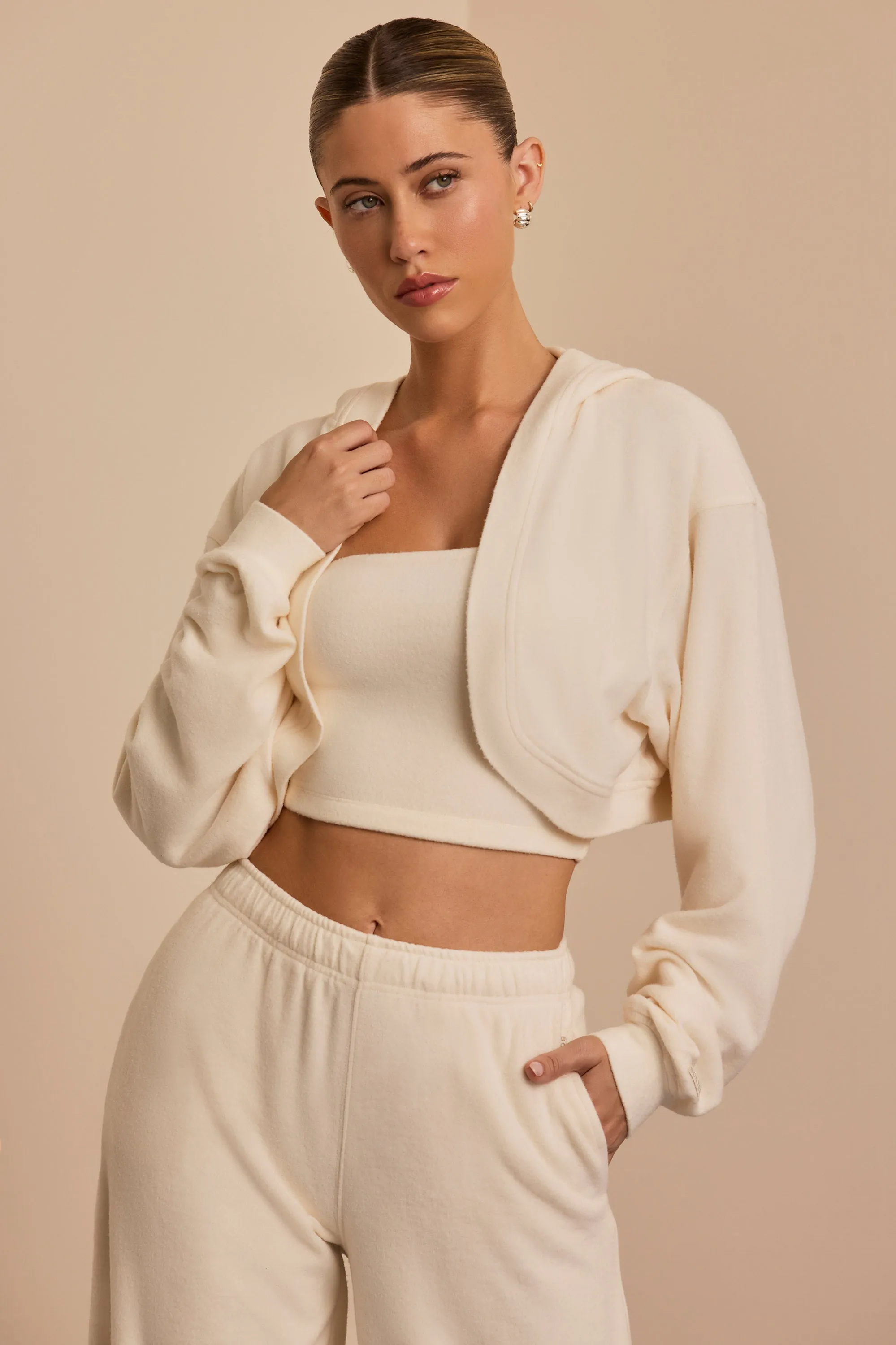 Brushed Jersey Hooded Cropped Shrug in Ecru