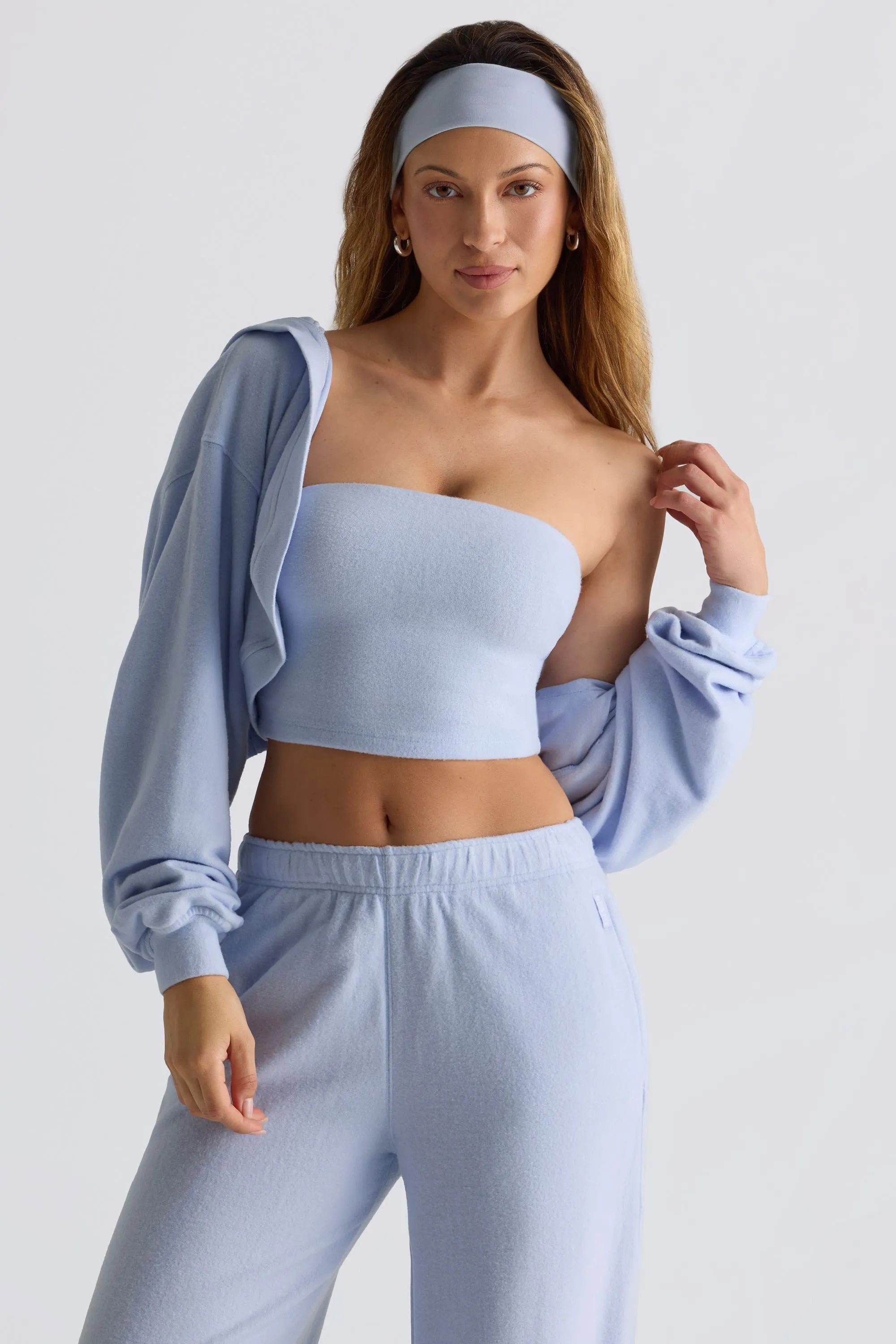 Brushed Jersey Hooded Cropped Shrug in Soft Blue