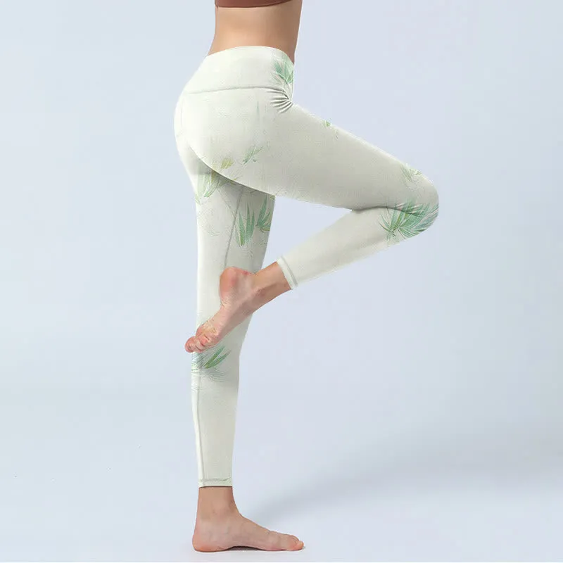 Buddha Stones Green Bamboo Leaves Print Sports Leggings Women's Yoga Pants