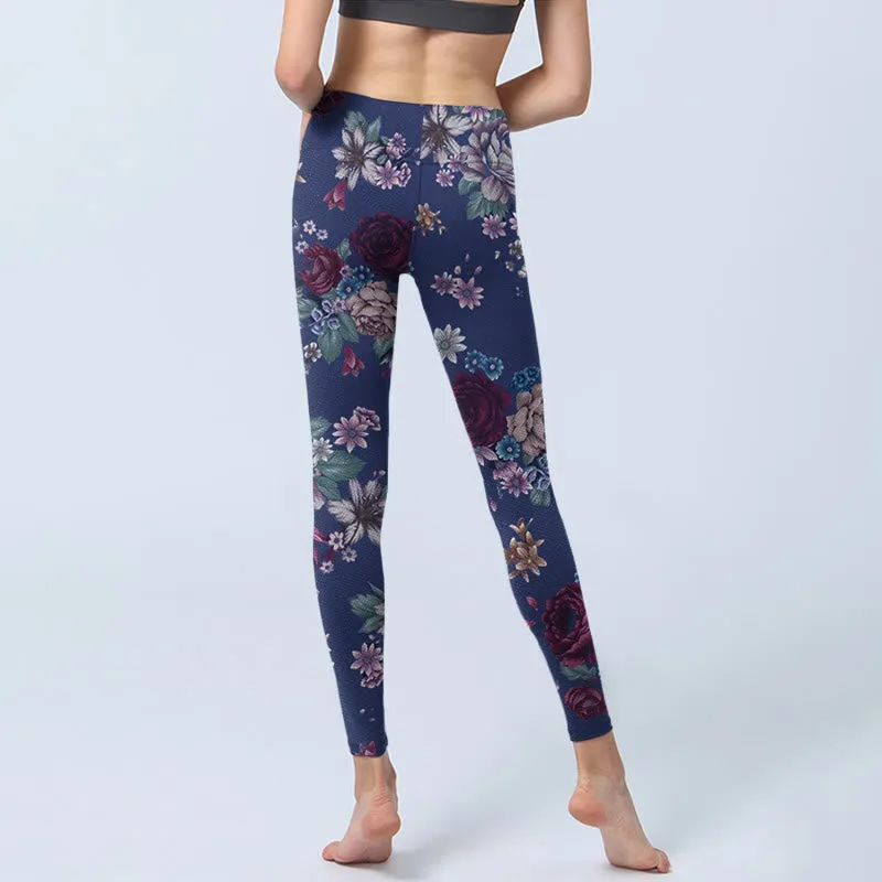 Buddha Stones Red Rose Peony Chrysanthemum Print Gym Leggings Women's Yoga Pants