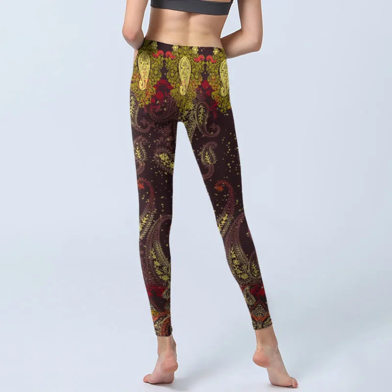 Buddha Stones Reddish-brown Cashew Flower Vines Print Gym Leggings Women's Yoga Pants