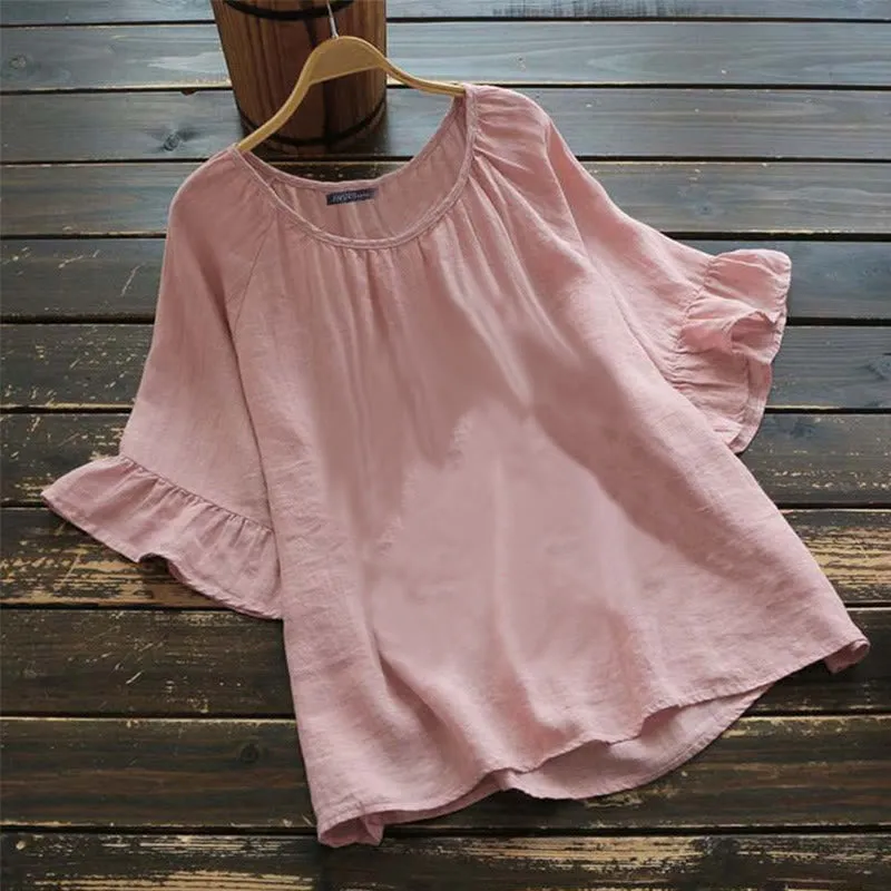 Buddha Stones Summer Casual Plain Short Ruffles Sleeve Crew Neck Cotton Women's T-Shirt