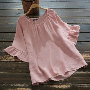 Buddha Stones Summer Casual Plain Short Ruffles Sleeve Crew Neck Cotton Women's T-Shirt