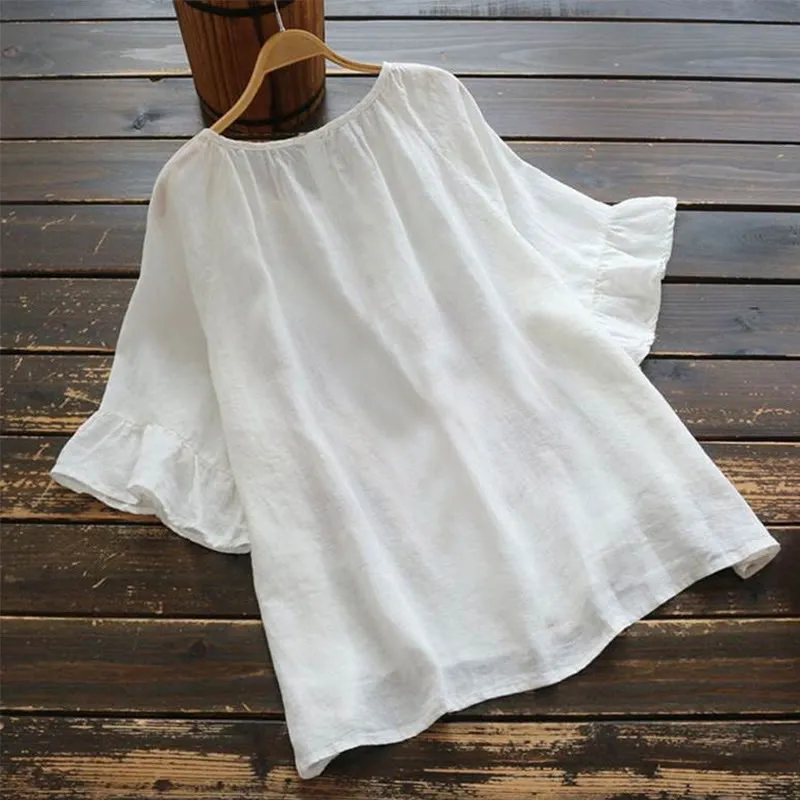 Buddha Stones Summer Casual Plain Short Ruffles Sleeve Crew Neck Cotton Women's T-Shirt