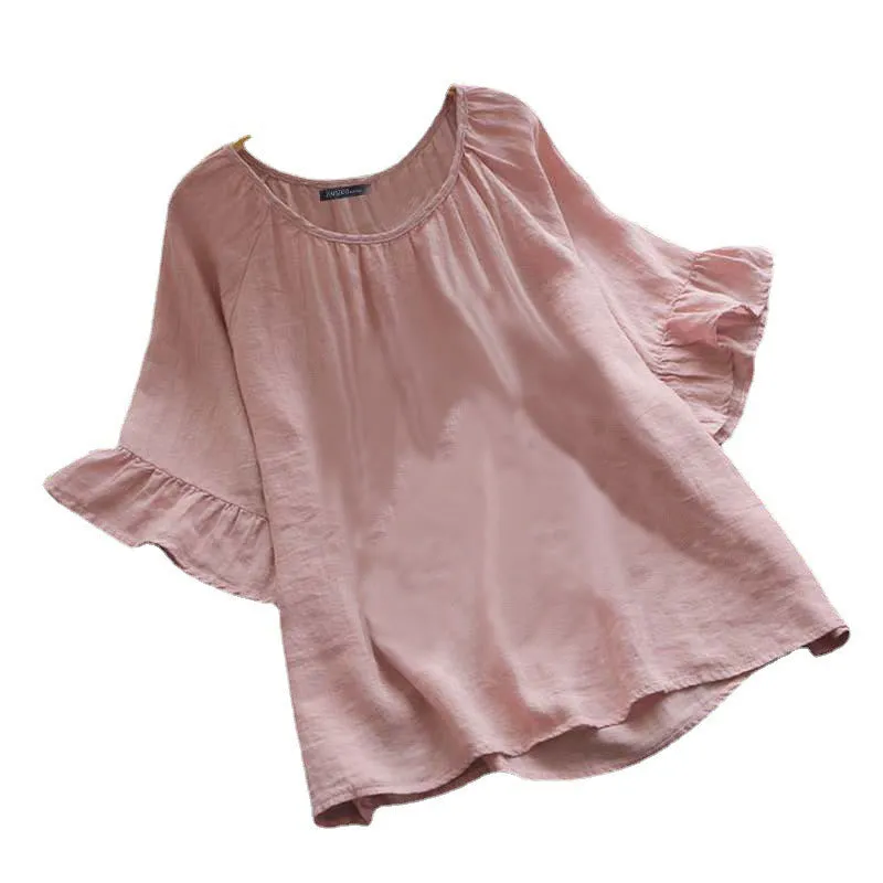 Buddha Stones Summer Casual Plain Short Ruffles Sleeve Crew Neck Cotton Women's T-Shirt