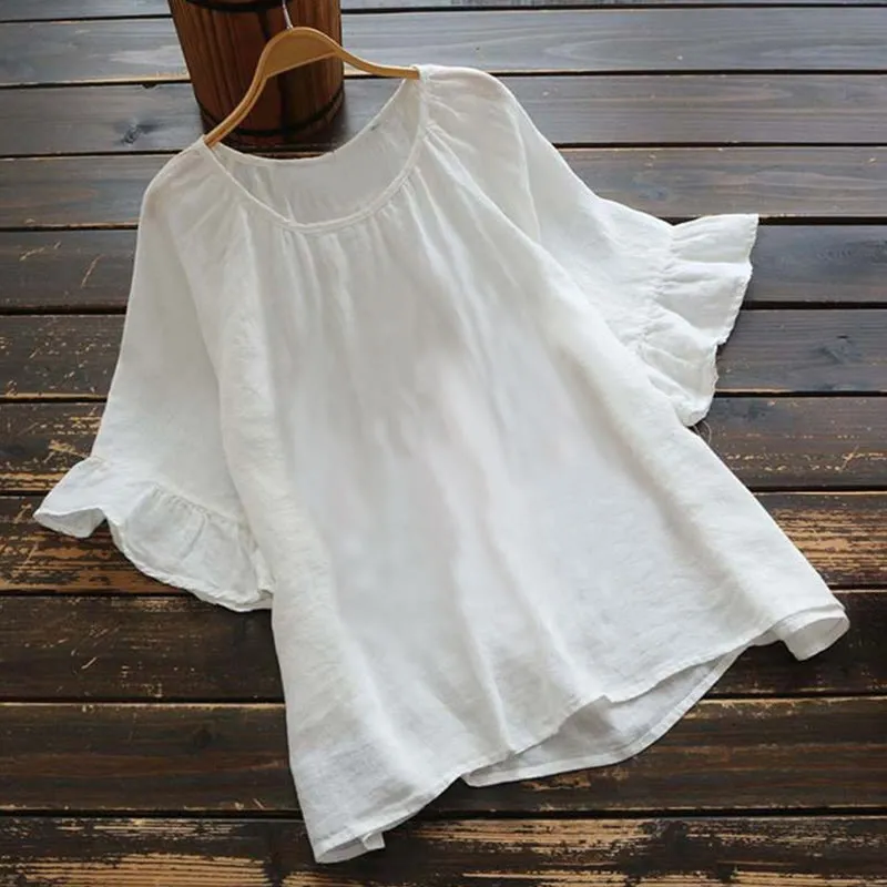 Buddha Stones Summer Casual Plain Short Ruffles Sleeve Crew Neck Cotton Women's T-Shirt