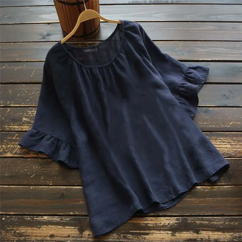 Buddha Stones Summer Casual Plain Short Ruffles Sleeve Crew Neck Cotton Women's T-Shirt