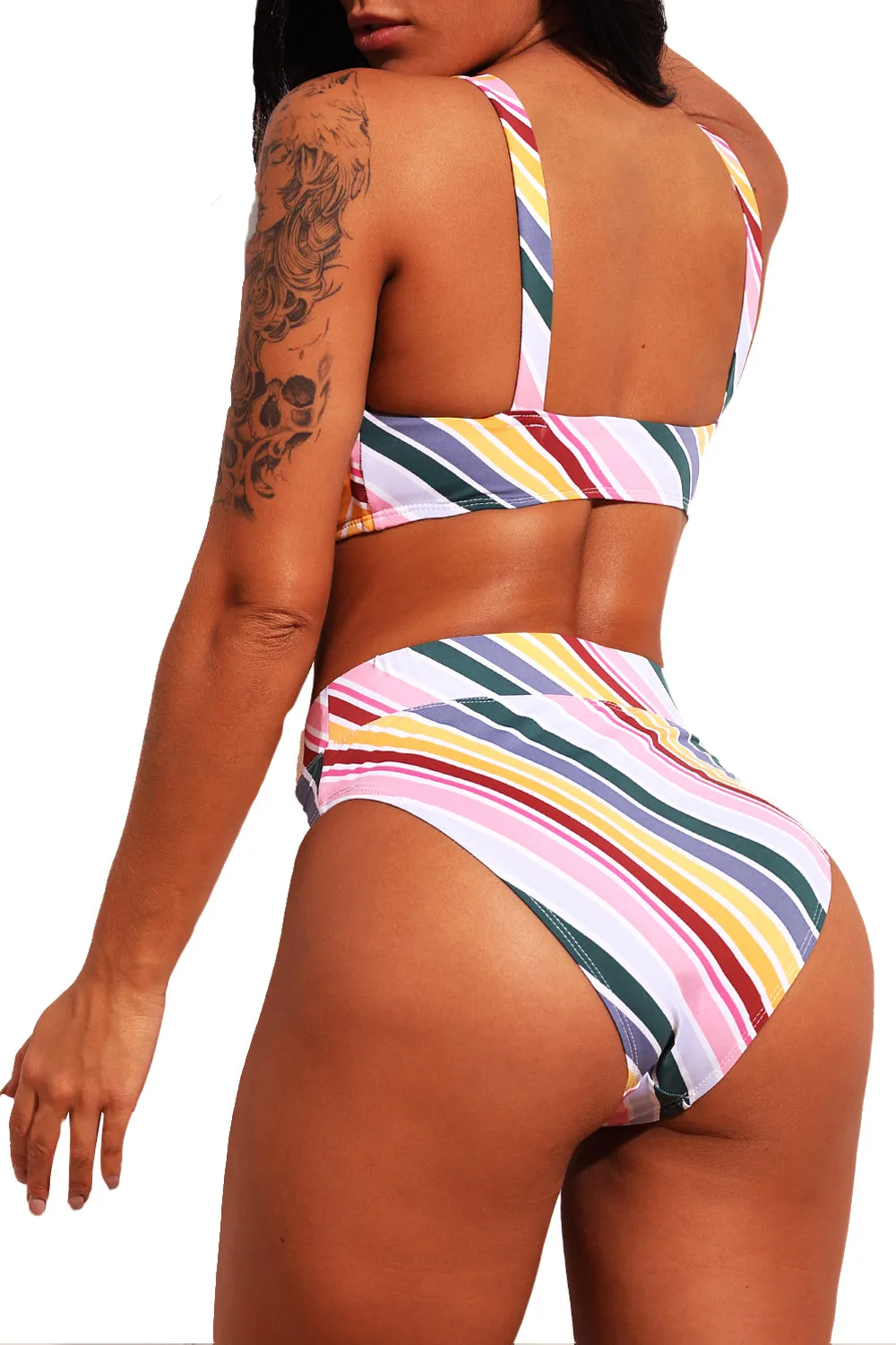 Candy Color Striped Tank High Waist Bikini
