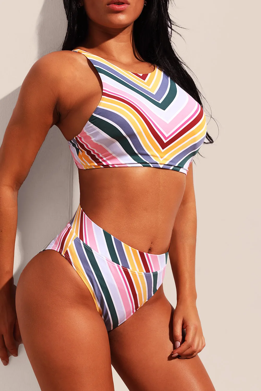 Candy Color Striped Tank High Waist Bikini
