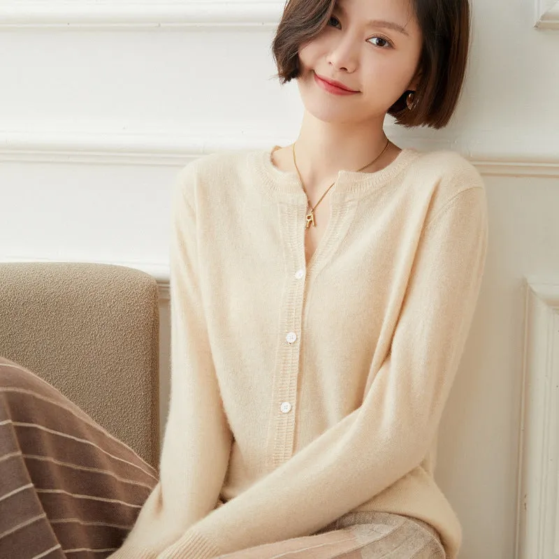Cashmere Cardigan for Women Button Front Long Sleeve Crew Neck Cashmere Cardigan Tops