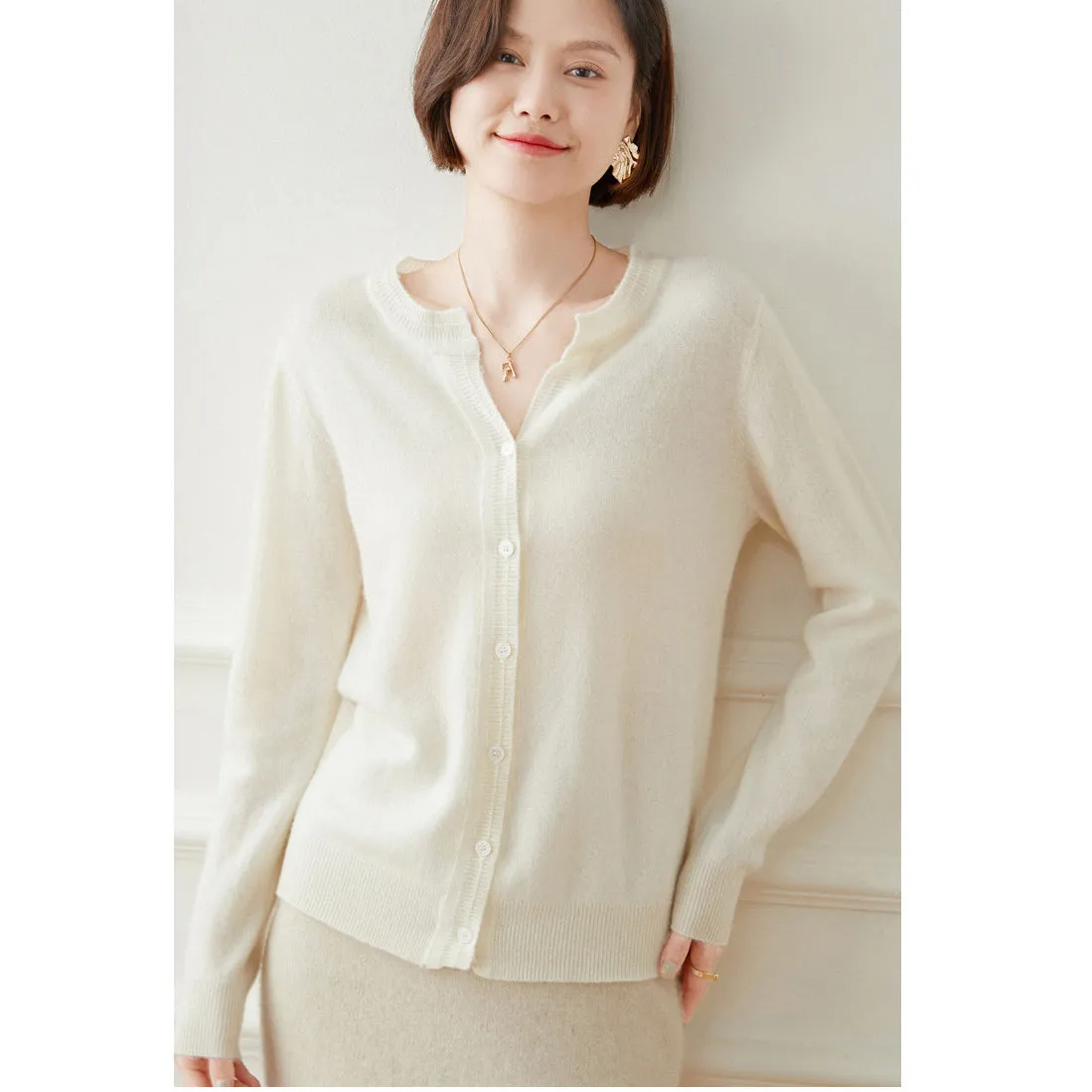 Cashmere Cardigan for Women Button Front Long Sleeve Crew Neck Cashmere Cardigan Tops
